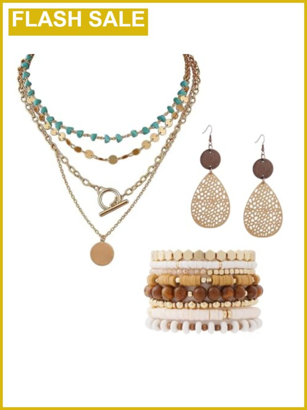 Gold Tone Boho Jewelry Set Layered Necklace Earrings Bracelets
